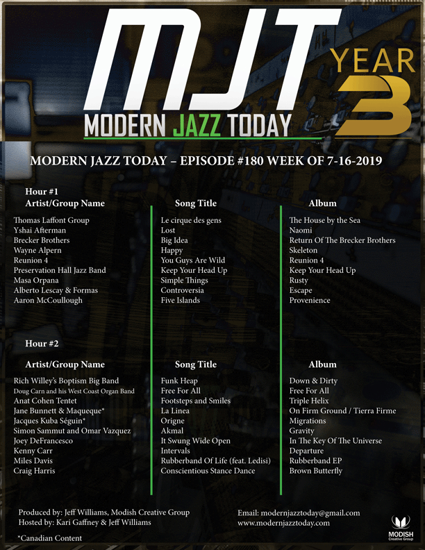 MODERN JAZZ TODAY – EPISODE #180 WEEK OF 7-16-2019