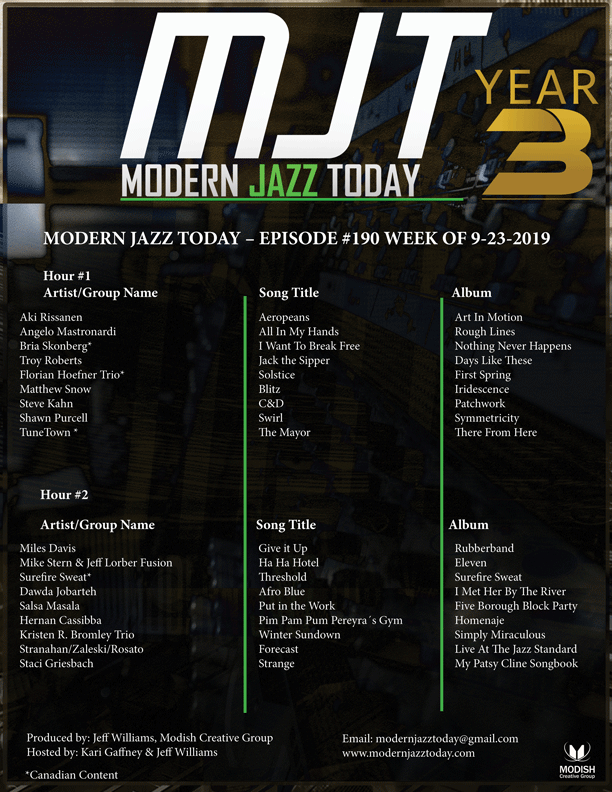MODERN JAZZ TODAY – EPISODE #190 WEEK OF 9-23-2019